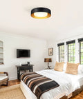 Black And Gold Flush Mount Ceiling Light With Glass Drum Shade Sixteen Point Five Inch Sleek Modern Round Fixture in bedroom