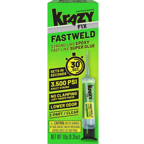 Fast Weld Two Part Clear Epoxy Glue With 30 Second Cure package showing syringe, strong bond, 0.35 oz, for small repairs.