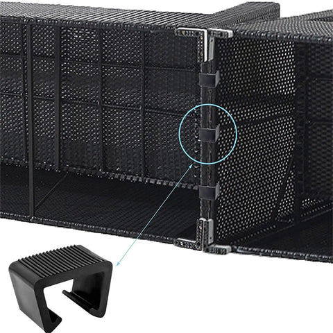 Close-up of KobeIeen 10 Pack Outdoor Furniture Clips For Patio Rattan And Wicker Chairs securing black wicker panels
