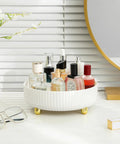360 Degree Rotating Makeup And Skincare Organizer Tray Lazy Susan For Dresser Vanity And Bathroom Countertop in ivory white with bottles