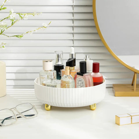 360 Degree Rotating Makeup And Skincare Organizer Tray Lazy Susan For Dresser Vanity And Bathroom Countertop in ivory white with bottles