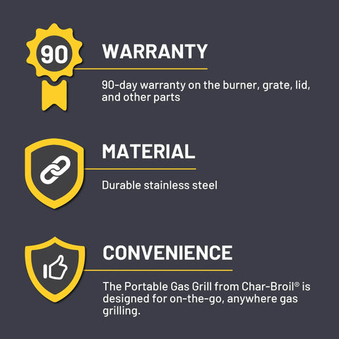 Warranty, material, and convenience details of Portable Propane Gas Grill With Convective Heat, One Burner, 190 Square Inches Of Cooking Space
