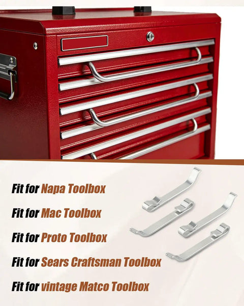 12 Pcs Drawer Slide Retaining Clips For Tool Boxes Fits Popular Toolbox Brands And Vintage Chests Heavy Duty Spring Steel Locking Clips To Get Your Old Drawer Sliders Back In Action Yo, displayed with a red toolbox