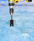 Ice Anchor Drill Adapter Kit With 4 Threaded Peg Stakes used on frozen lake for securing shelters, drill and adapter visible