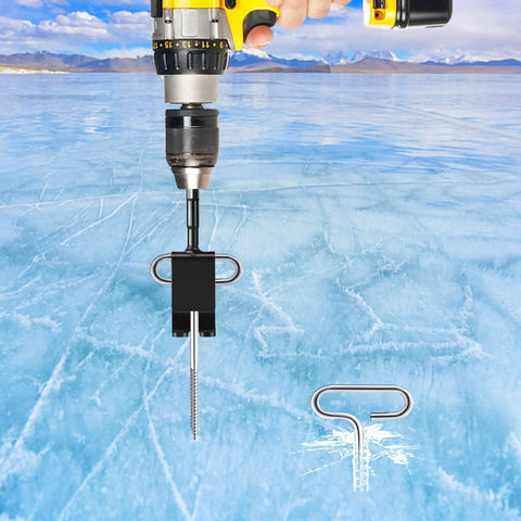 Ice Anchor Drill Adapter Kit With 4 Threaded Peg Stakes used on frozen lake for securing shelters, drill and adapter visible