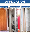 Pivot hinge application: wooden arched door; white hidden bookcase; hidden shelf door with shelves.