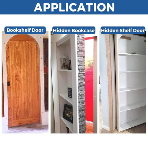 Pivot hinge application: wooden arched door; white hidden bookcase; hidden shelf door with shelves.