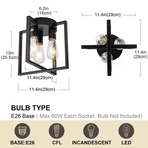 Three Light Black Ceiling Light Fixture, Farmhouse Industrial Matte Black Finish, Durable Rust Proof Metal, Open Frame Design for Kitchen