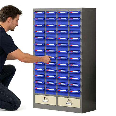 Person accessing a drawer on a Heavy Duty 52 Drawer Parts Cabinet With Tough As Nails Steel Construction And Secure Door Lock For Screw Bolts Nails And Hobby Craft Supplies Workshop Organization Slick Setup.
