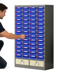 Heavy Duty Tough As Nails Blue Parts Cabinet With Up To One Hundred Drawers For Screws Bolts Nails Small Items And Crafts Top Shelf Workshop Organization No Sweat Storage Setup, shown with individual drawer access.