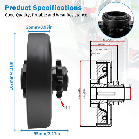 Side view of 5/8 Inch Bore Clutch For Go Karts And Mini Bikes With 35 Chain And 11-Tooth Sprocket 3/8 Pitch Fits 2-6.5 HP Engines