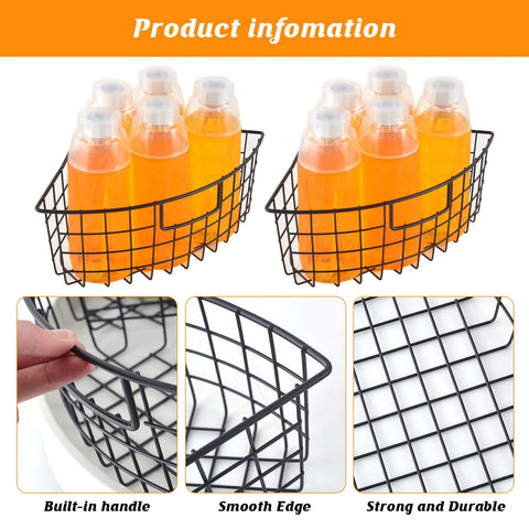 Front view of two black metal wire Lazy Susan baskets with built-in handles for cabinets/fridges