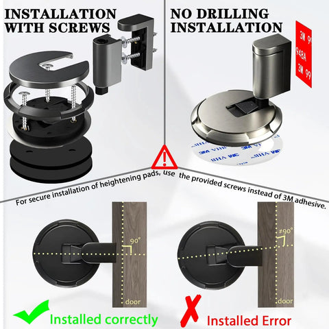 Mechanical Door Stop With Locking Action No Magnetic Floor Door Holder For Gaps Up To 1.2 Inches Adjustable Height Nail Free Or Screw In Matte Black 1 Pack installation guide with screws and adhesive options.