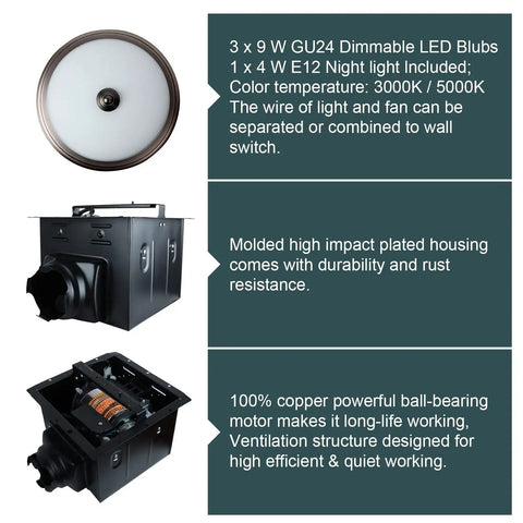 Ultra Quiet Bath Exhaust Fan With Light 110 CFM 1.5 Sones Ventilation With Night Light Oil Rubbed Bronze Finish Powerful Yet Quiet