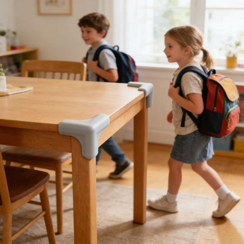 Table with Three-Sided Wrap Table Corner Protectors, No-Drill PVC Self-Adhesive Guards for Tables in a room with children walking by.