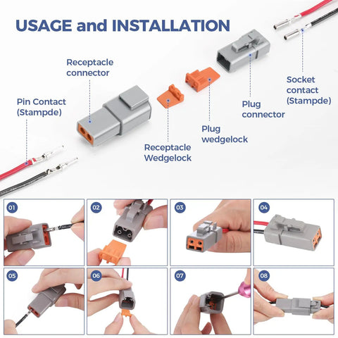 32 Piece 2 Pin Waterproof Automotive Connector Kit With Four Sets Including Plugs And Receptacles Size 12 Contact Pins 14 To 12 AWG Wire Gauge 25 Amp Rating Beefed Up Rugged Weatherproof Electrical Connectors usage instructions