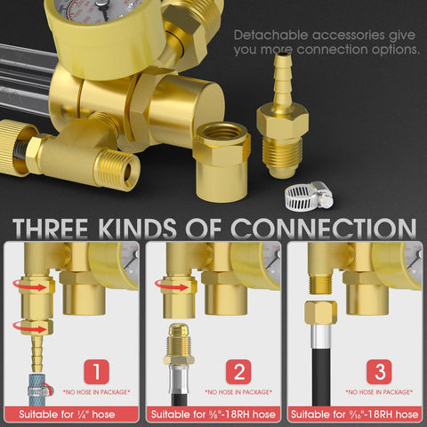 Front view of brass welding gas regulator with gauge and flow meter; includes three connection adapters for argon/CO2 welding.