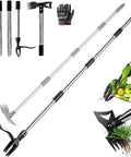 58-Inch Stand Up Weed Puller Tool With Long Handle 2-In-1 Manual Weeder And Garden Hoe With 4-Claw Steel Head For Easy Root Removal In Yard Lawn Patio Garden Gloves Included showing detachable handle and accessories.