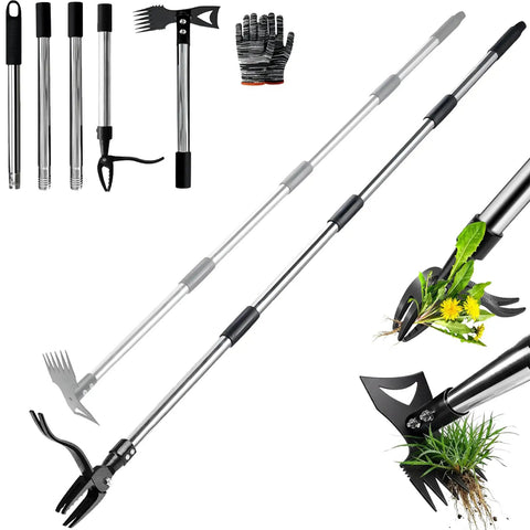58-Inch Stand Up Weed Puller Tool With Long Handle 2-In-1 Manual Weeder And Garden Hoe With 4-Claw Steel Head For Easy Root Removal In Yard Lawn Patio Garden Gloves Included showing detachable handle and accessories.