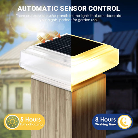 Easy Install Solar Post Lights For Fence Deck And Patio, 30 LED Warm White Post Cap Lights With 35 Lumens on wood post at night