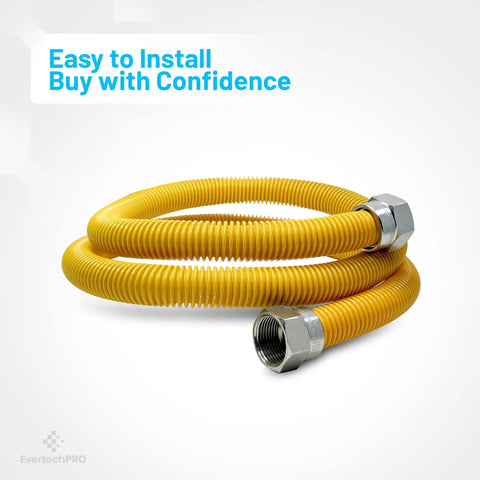 Flexible Yellow Coated Four Foot Gas Line Kit With Five Eighths Inch OD To One Half Inch MIP And One Half Inch FIP Adapters Plus Three Quarter Inch MIP Fitting Stainless Steel Hose Connector For Gas Fireplace Stove And Water Heater Install coiled on a white background