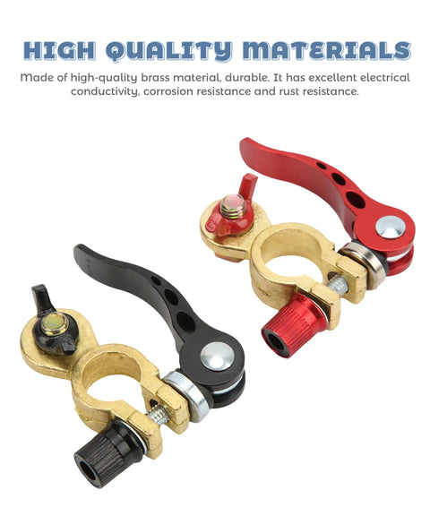2 Pack Battery Terminal Connectors For Cars And More, Quick Release Brass Cable Ends With Anti-Corrosion Pad, shown in black and red