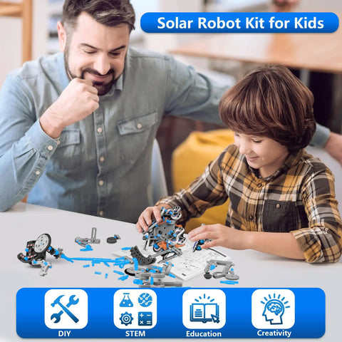 13-In-1 Solar Robot Kit For Kids Aged 8 To 12, STEM Building Toys For Boys And Girls, Land And Water Bots, Hands-On Robotics Projects, Fun Awesome Educational Science Kit For Christmas And Birthday Gifts, father and child building robot