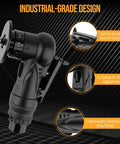 Beaiguna pneumatic chamfering tool; black plasticized steel body with safety buckle and 4-speed air intake adjustment.