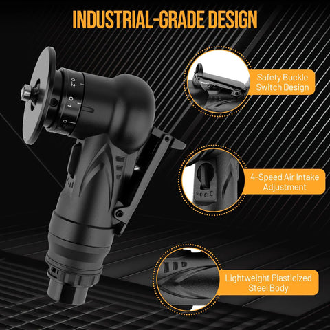 Beaiguna pneumatic chamfering tool; black plasticized steel body with safety buckle and 4-speed air intake adjustment.