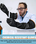 Man wearing long 22 inch chemical resistant gloves for tough jobs heavy duty rubber waterproof dishwashing gloves for men forearm protection against strong acids alkalis oils XL size.
