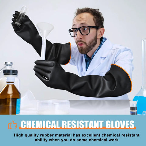 Man wearing long 22 inch chemical resistant gloves for tough jobs heavy duty rubber waterproof dishwashing gloves for men forearm protection against strong acids alkalis oils XL size.