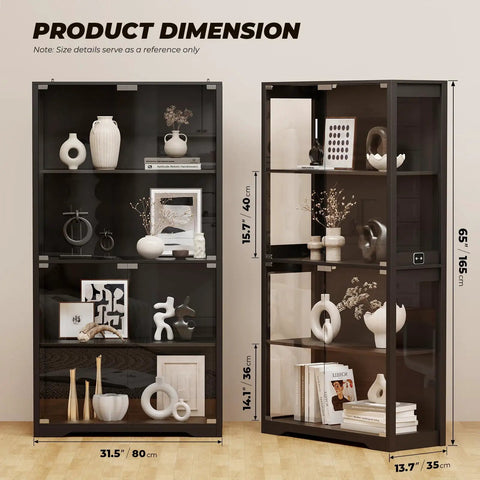 4 Tier Glass Display Cabinet With Pop Up Doors And Motion Sensor, black curio display case dimensions with decor items
