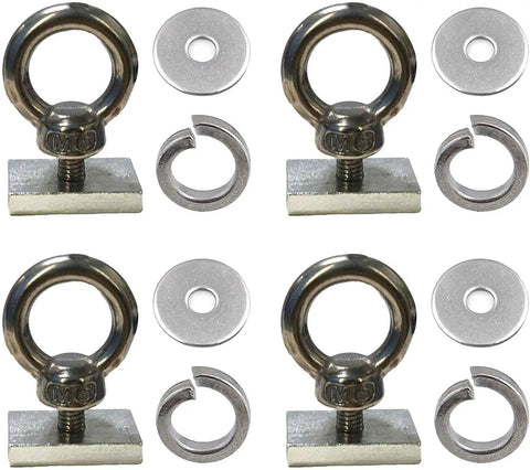 4 Pack Heavy Duty Stainless Steel Eye Bolt Tie Down Anchoring Kit for Roof Racks and 4WD Awnings Includes M8 Eye Bolts Slot Nuts and Washers for Secure Cargo Tie Downs, four stainless steel bolts with washers
