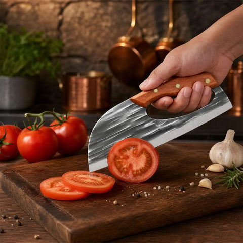 Hand Forged Chef Knife And Cleaver Set With Leather Sheath slicing tomato on wooden board, sharp kitchen tool for everyday cooking.