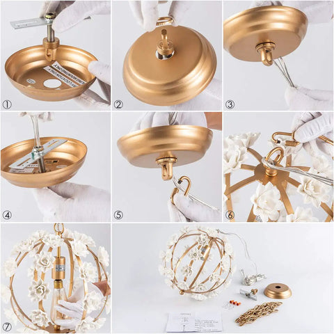 Gold Pendant Light Fixture With Adjustable Chain For Girl Room, Nursery And Bedroom, Totally Elegant White Flower Chandelier installation