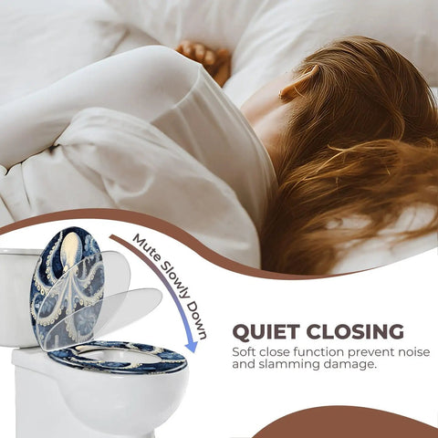 Toilet Seat Round Resin for Bathroom showing soft close feature and elegant design on a bathroom toilet.