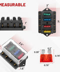 Heavy Duty 4 Way Blade Fuse Block With Slick Damp Proof Cover For Plug And Play Auto Marine Rv Truck Wiring Power Distribution Panel, showing size measurements.