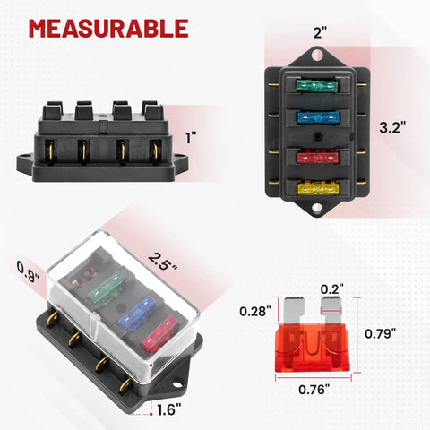 Heavy Duty 4 Way Blade Fuse Block With Slick Damp Proof Cover For Plug And Play Auto Marine Rv Truck Wiring Power Distribution Panel, showing size measurements.