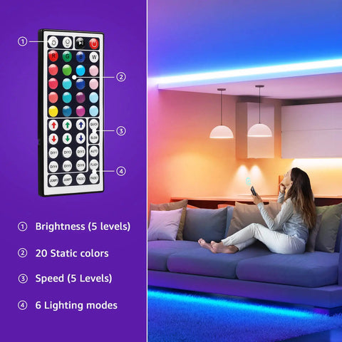 Indoor RGB LED Strip Lights 16.4ft 5050 SMD With Remote and 24V Power Adapter in living room with woman holding remote