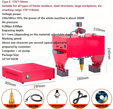 Beefed Up Portable Pneumatic Dot Peen Engraving Machine For Heavy Duty Metal Stamping Letters Serial Numbers Vin Codes with adjustable depth.