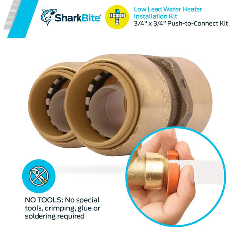 Three Quarter Inch Water Heater Connection Kit With Push To Connect Brass Fittings For PEX Copper CPVC PERT HDPE Pipes Includes Two Female Connectors And A Disconnection Clip For Tight Spaces