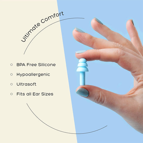 Hand holding Soft Silicone Ear Plugs For Sleep And Noise Reduction, Reusable Ear Plugs For Sleeping, Swimming, Concerts And Snoring, Adjustable Fit, Quiet Your Night Or Day, 3 Pairs