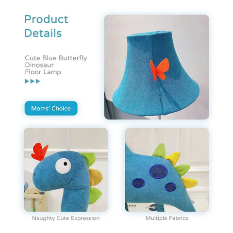 Blue Dinosaur Kids Floor Lamp With Adjustable Height From 50 Inches To Taller Modern Hand Stitched Toy Standing Lamp shade and details