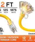 Heavy Duty 12 Ft 12 Gauge Outdoor Extension Cord With Three Outlets, Waterproof SJTW, ETL Listed, 15A 125V 1875W, Yellow Cord