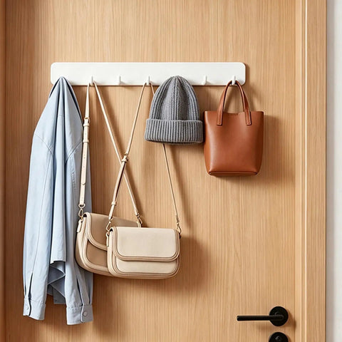 Premium Heavy Duty Self Adhesive Coat Rack Wall Mount Featuring Seven Robust Hooks For A Total Breeze Entryway Organization Dorm Room Key Holder Storage Rack with bags and a hat