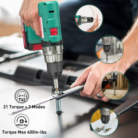 Cordless Hammer Drill Driver 20V With Side Handle And 400 Inch Lbs Torque Half Inch Metal Chuck drilling through metal surface