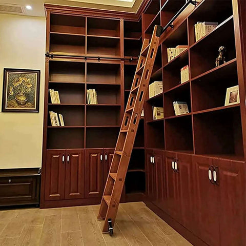 Library with ladder using Super Durable Sliding Barn Door Hardware Kit with Black Steel Round Tube Track and Smooth Floor Roller Wheels