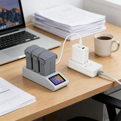 3 In 1 Drone Battery Charging Hub With LCD Display For Mini 5 Pro Fast USB PD 65W Charging Station on desk view