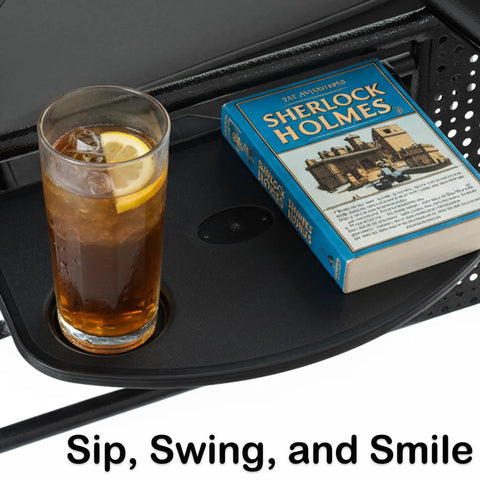 Three Seat Patio Swing With Canopy And Cup Holders, Heavy Duty Steel Frame, Weather Resistant Outdoor Swing Bench with book and drink
