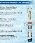 Exploded view of Hibbent chrome 3-in-1 bathroom sink drain stopper with brass core and stainless steel basket.